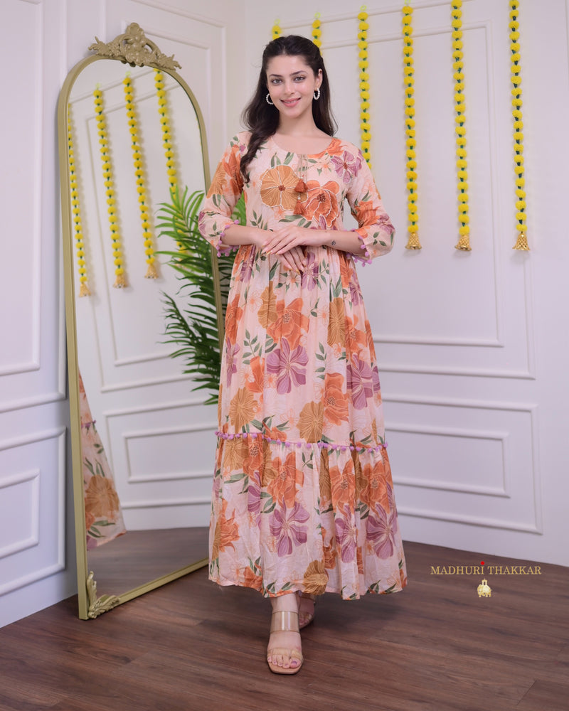 Tropical Peach Pearlwork Mul Cotton A Line Maxi Dress