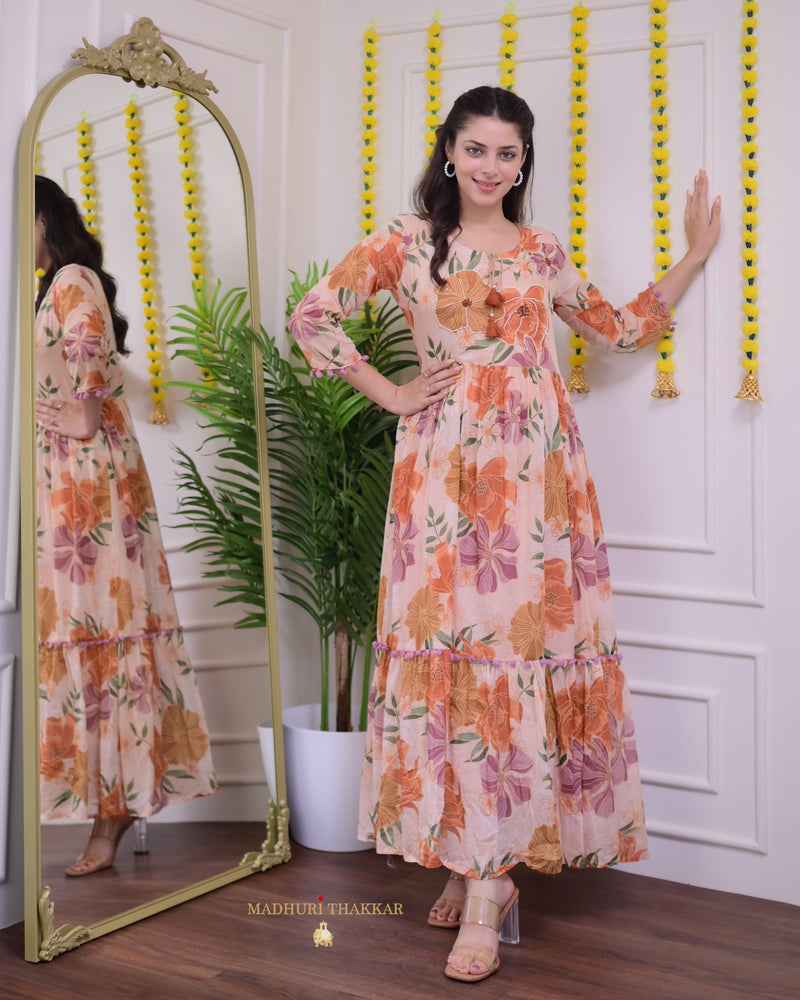 Tropical Peach Pearlwork Mul Cotton A Line Maxi Dress