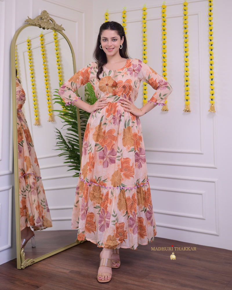 Tropical Peach Pearlwork Mul Cotton A Line Maxi Dress