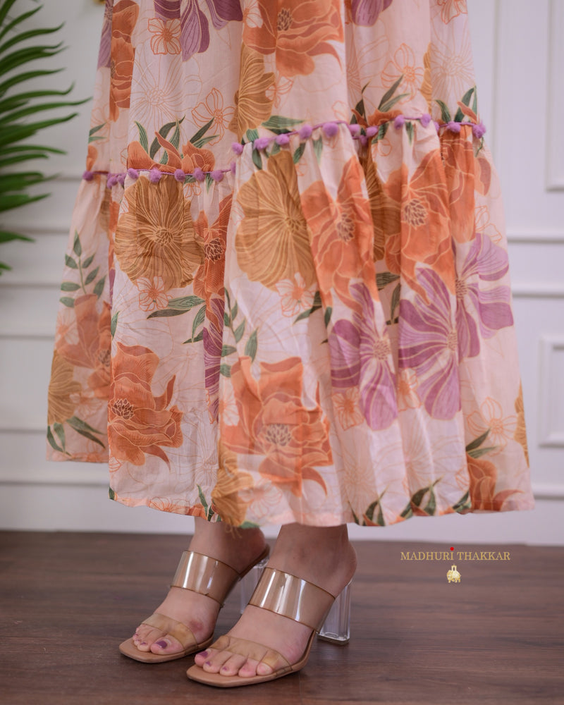 Tropical Peach Pearlwork Mul Cotton A Line Maxi Dress