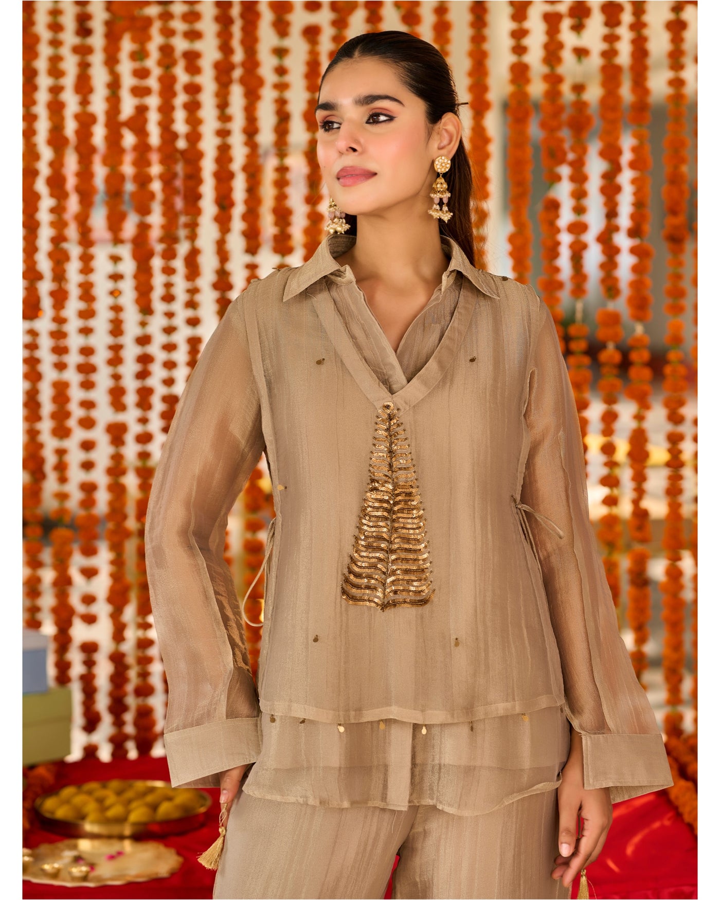 Champagne Zohra Sequin Leaf Shimmer Crush Co-ord
