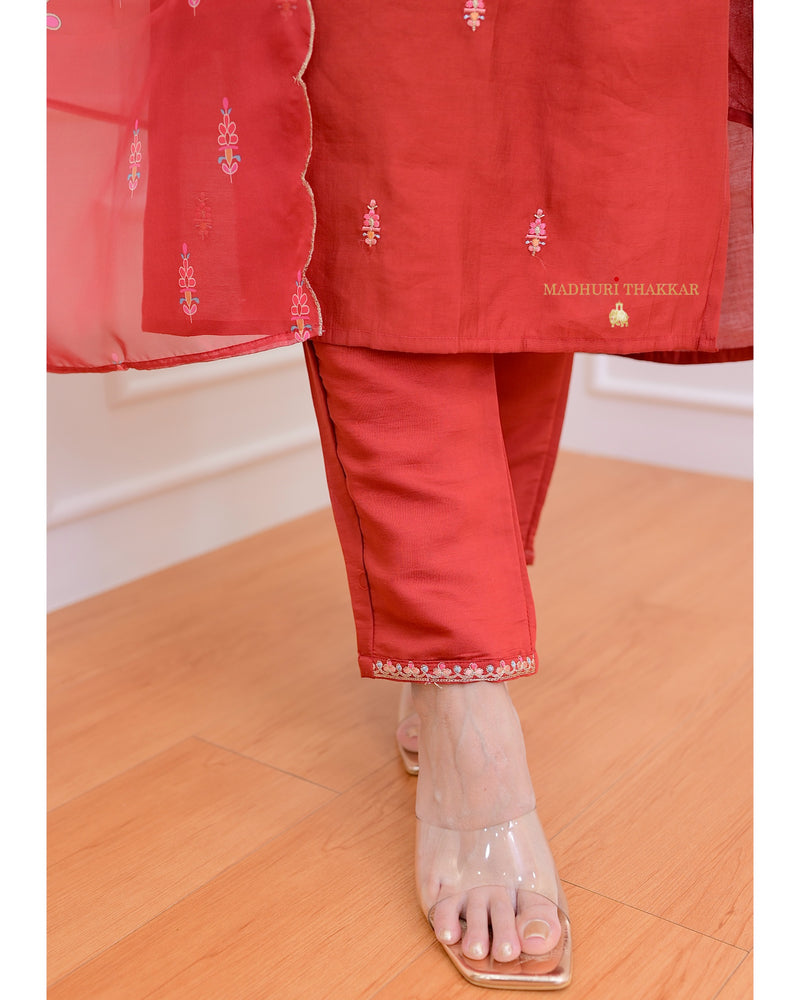 Red Threadwork Silk Suit