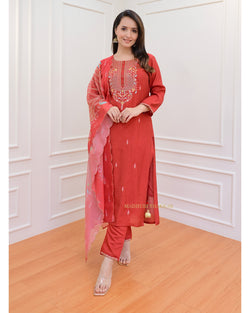 Red Threadwork Silk Suit