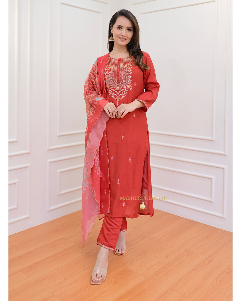 Red Threadwork Silk Suit