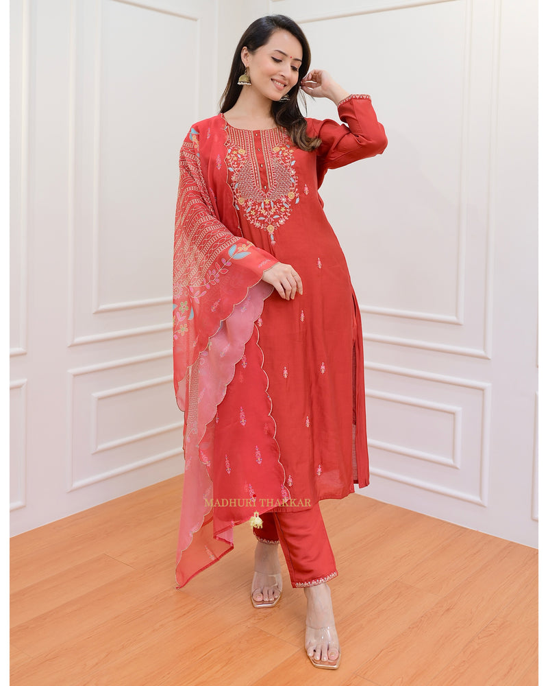 Red Threadwork Silk Suit