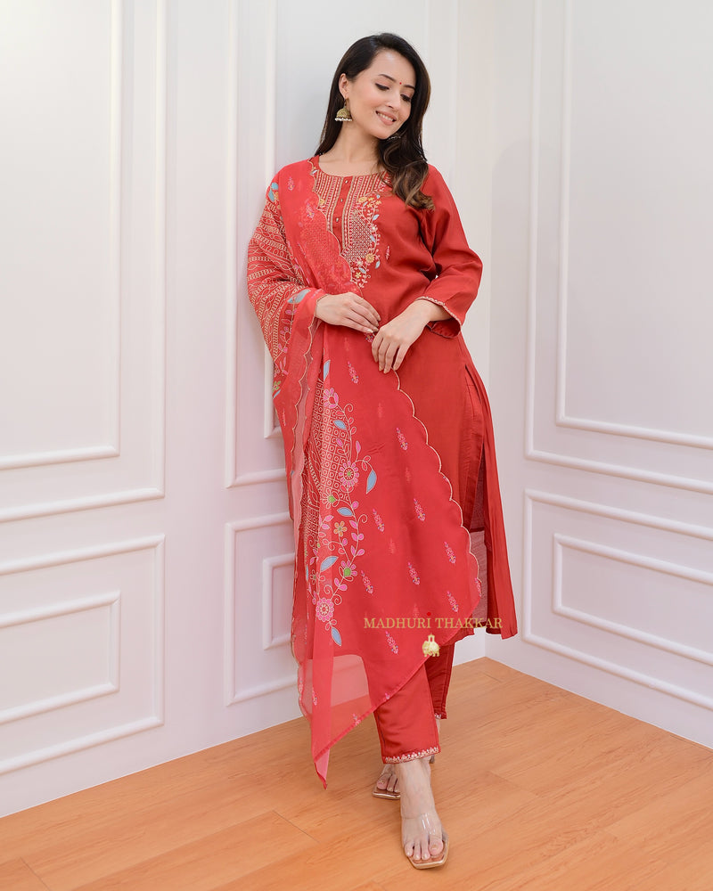 Red Threadwork Silk Suit