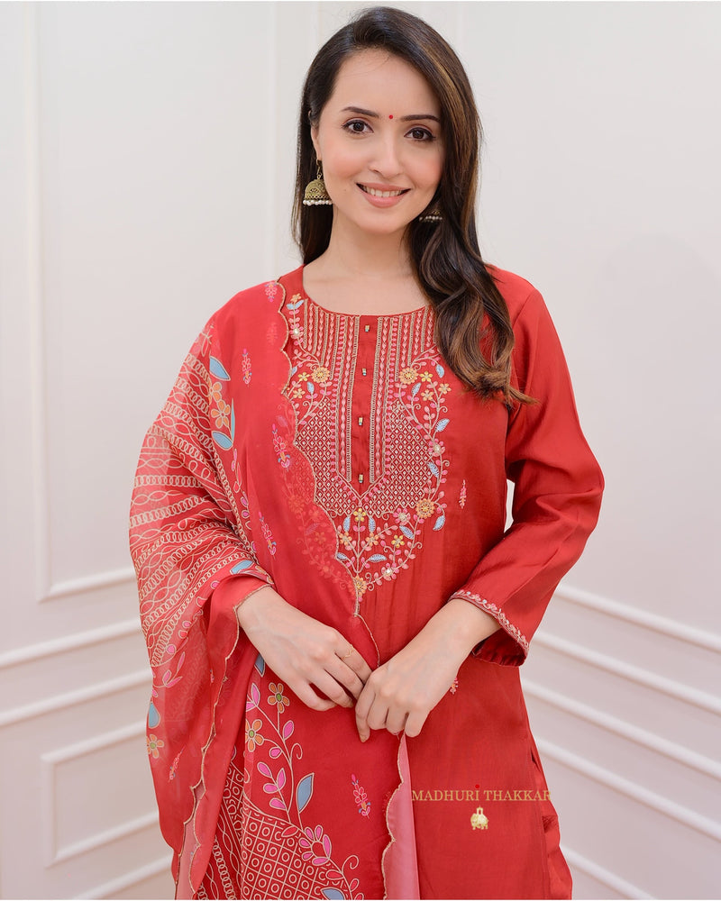 Red Threadwork Silk Suit