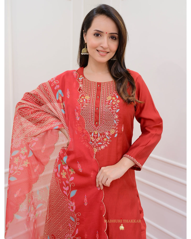 Red Threadwork Silk Suit