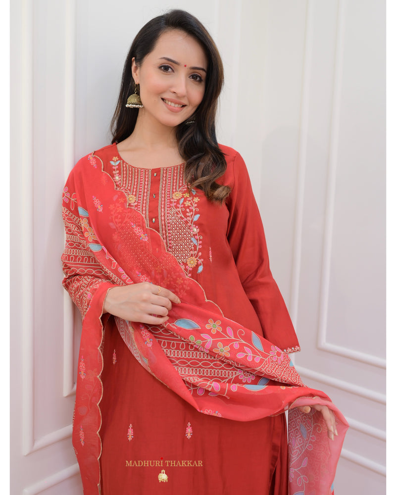 Red Threadwork Silk Suit