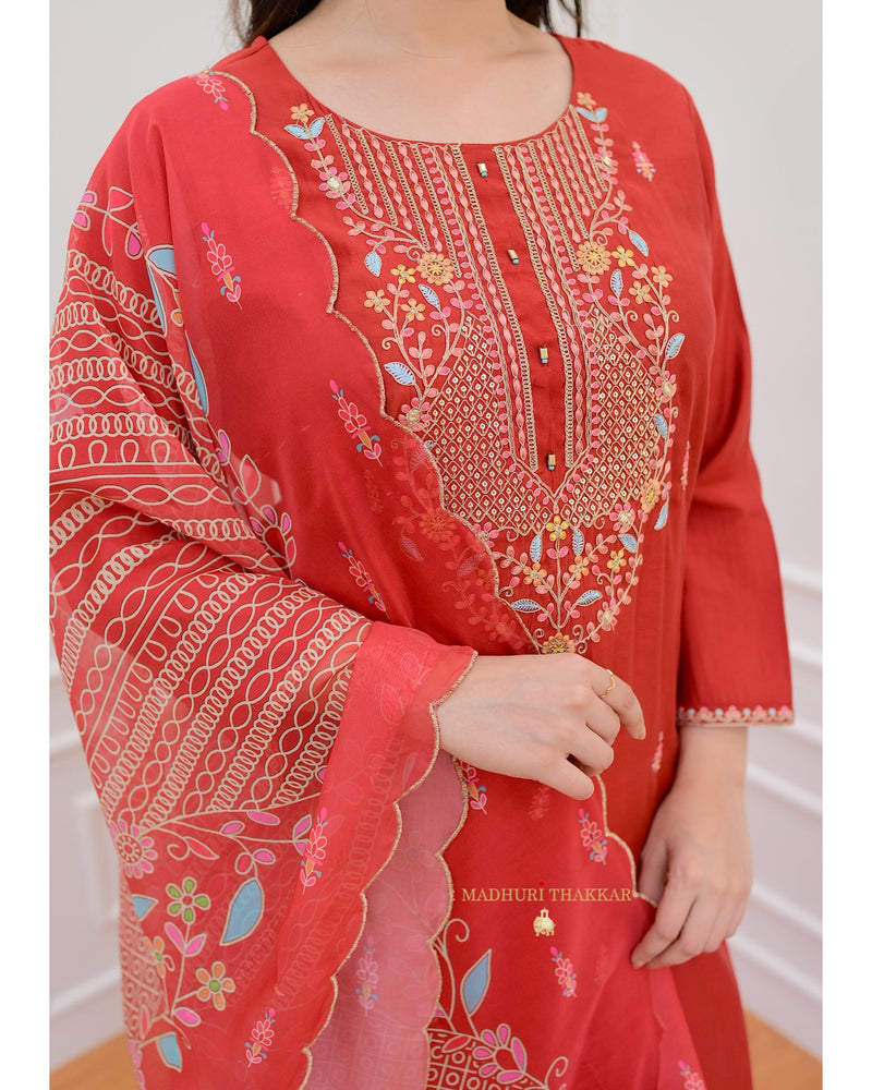 Red Threadwork Silk Suit