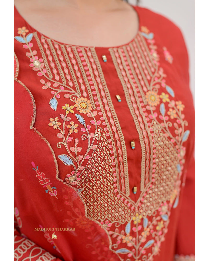 Red Threadwork Silk Suit