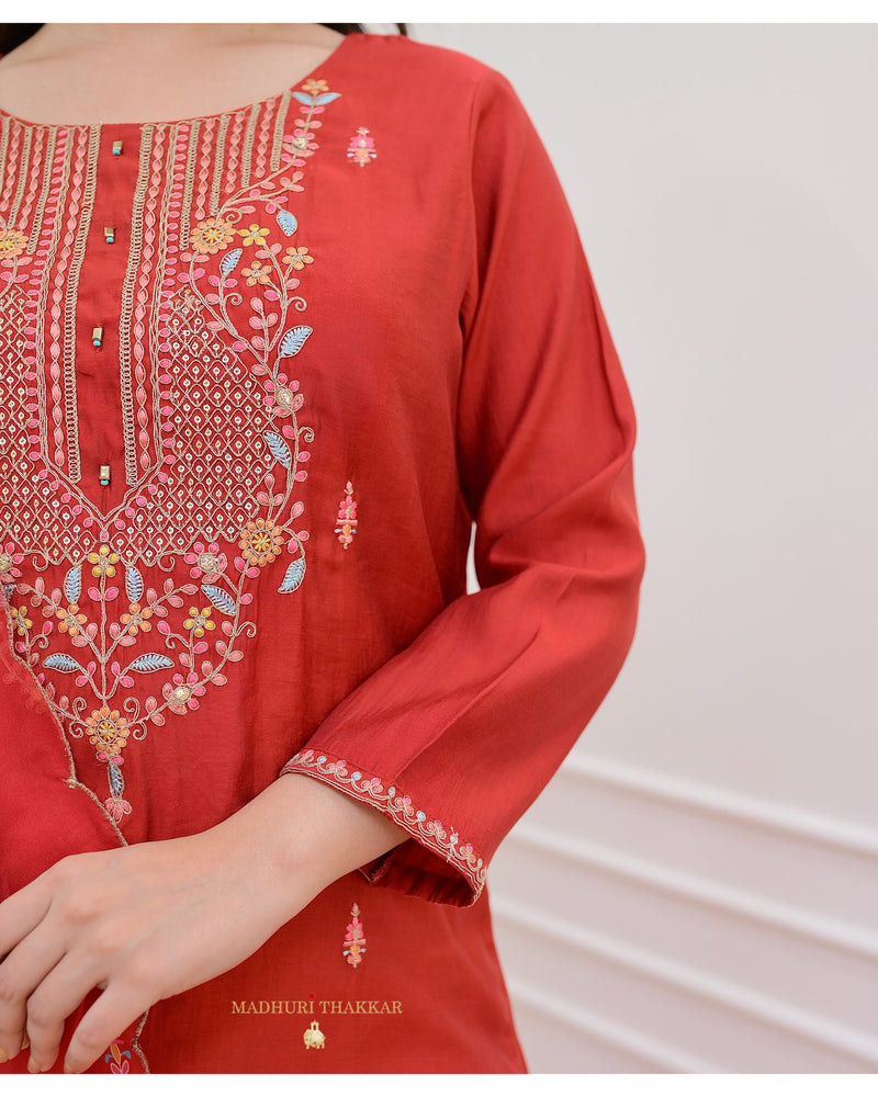 Red Threadwork Silk Suit