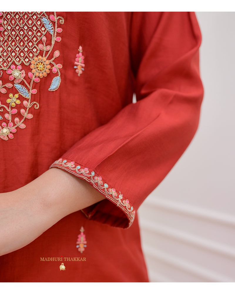 Red Threadwork Silk Suit