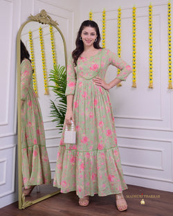 Pista Green Pearlwork Mul Cotton A Line Maxi Dress