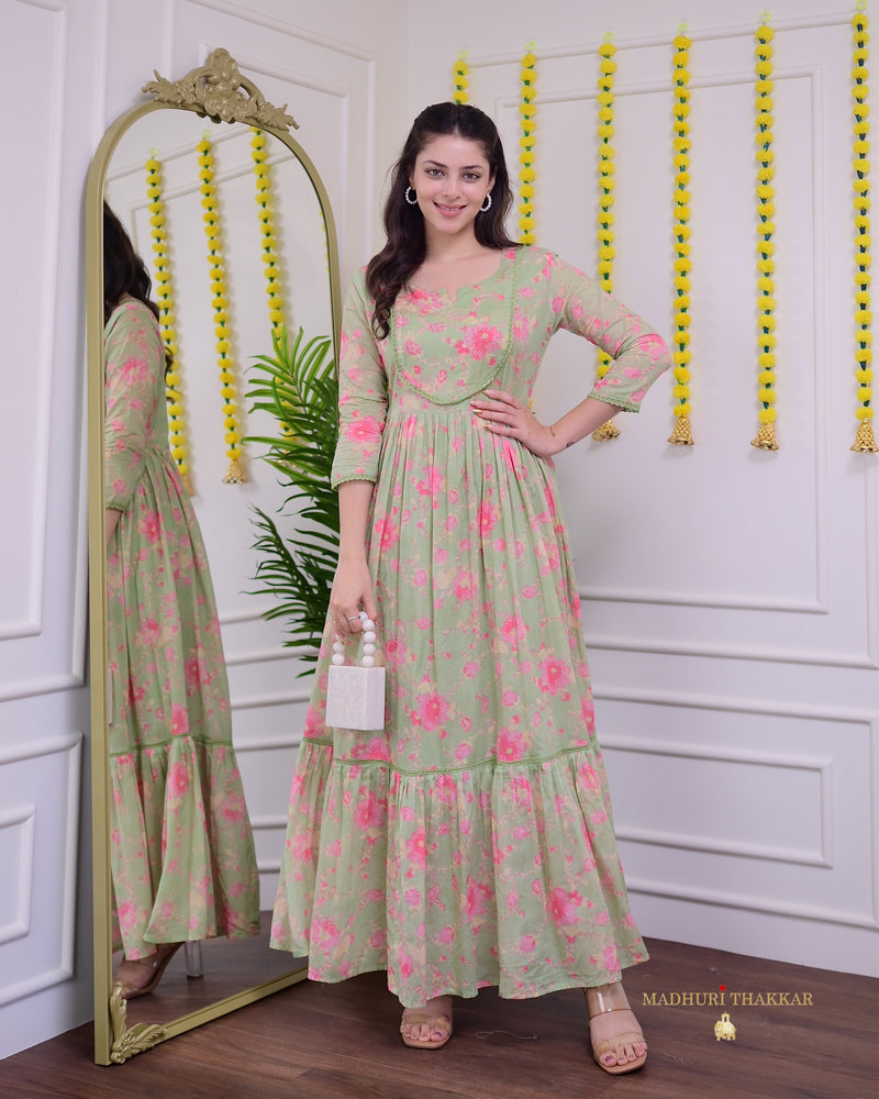 Pista Green Pearlwork Mul Cotton A Line Maxi Dress
