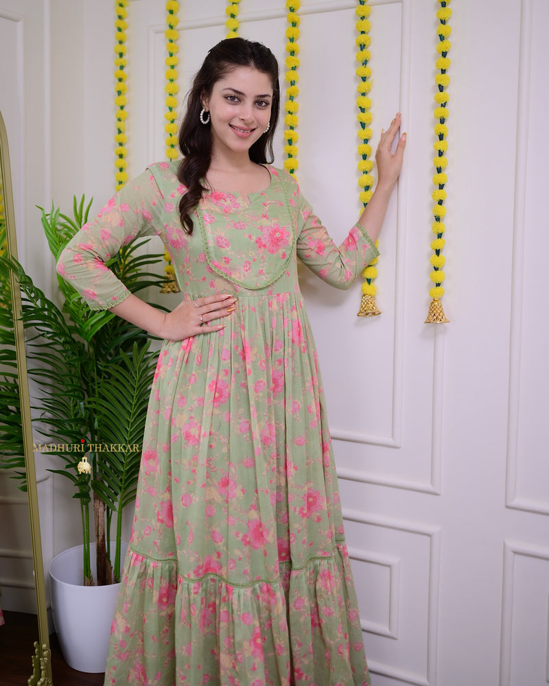 Pista Green Pearlwork Mul Cotton A Line Maxi Dress