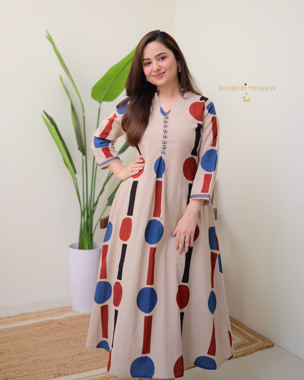 Beige Geometric A Line Premium Cotton Kurta Set