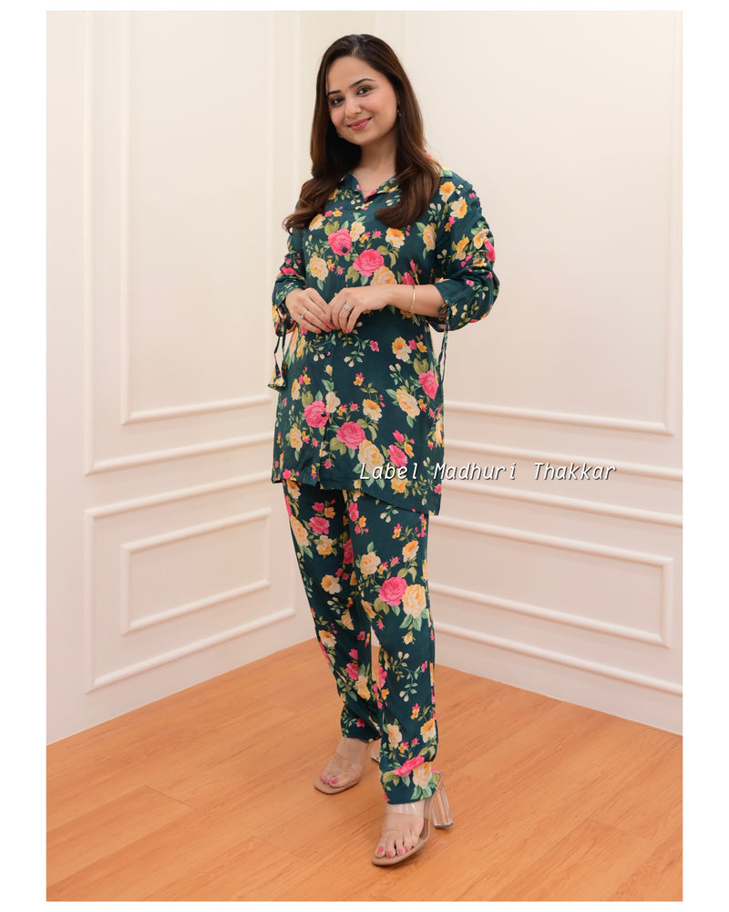Bottle Green Floral Muslin Co-ord