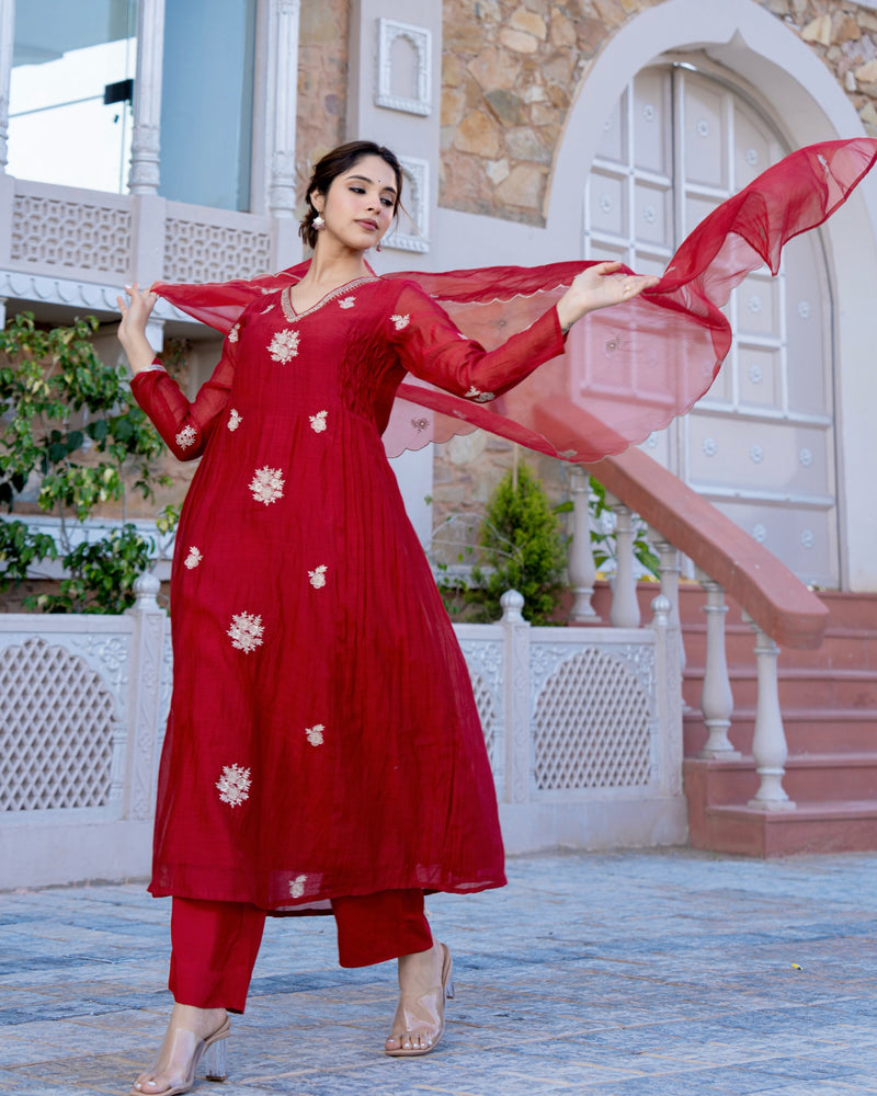 Ruby Reverie Ruby Red 3 PC Mul Chanderi Threadwork Designer A Line Suit Set For ...