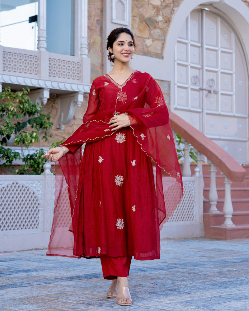 Ruby Reverie Ruby Red 3 PC Mul Chanderi Threadwork Designer A Line Suit Set For ...