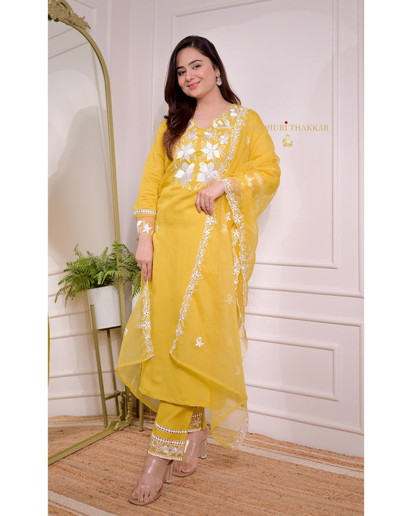Yellow Chanderi Threadwork Suit