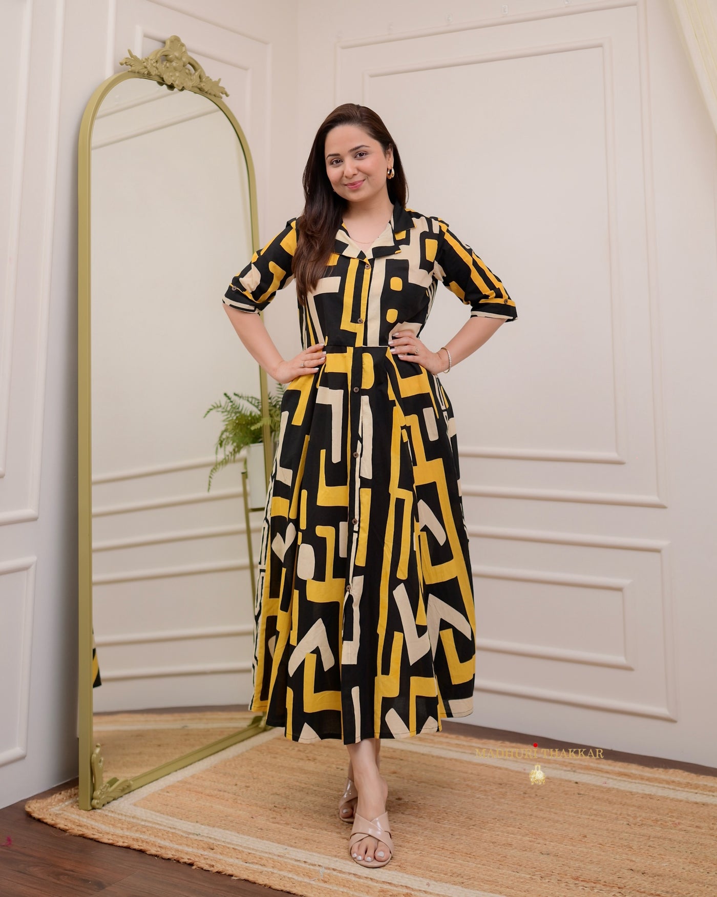 Black Yellow Geometric Cotton A Line Dress