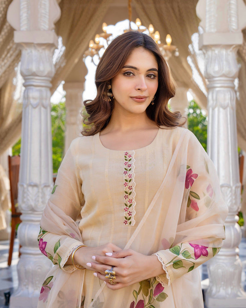 Beige Blossom Floral Mul Chanderi Festive Suit