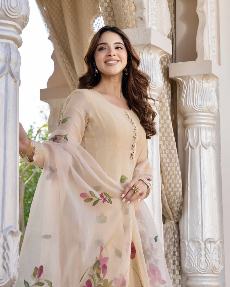 Beige Blossom Floral Mul Chanderi Festive Suit