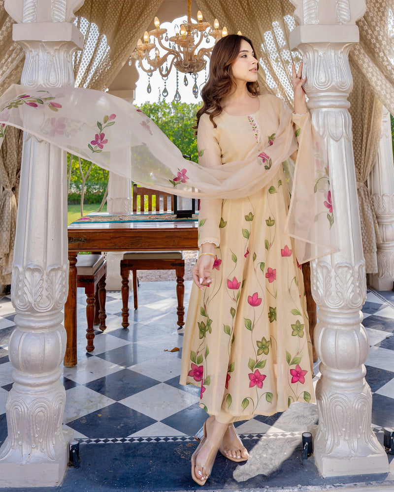 Beige Blossom Floral Mul Chanderi Festive Suit