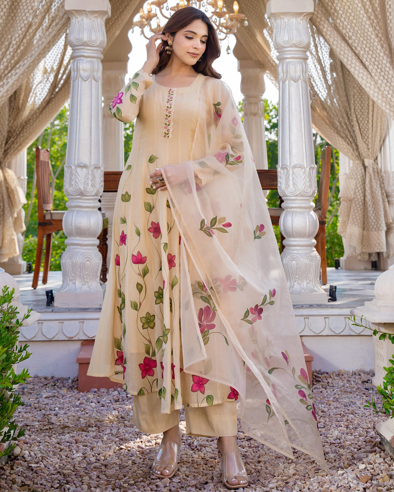 Beige Blossom Floral Mul Chanderi Festive Suit