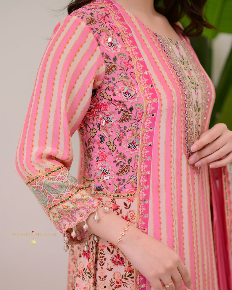 Baby Pink Crepe Handwork A Line Festive Suit