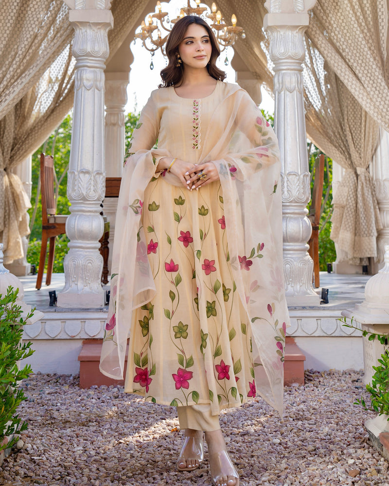 Beige Blossom Floral Mul Chanderi Festive Suit