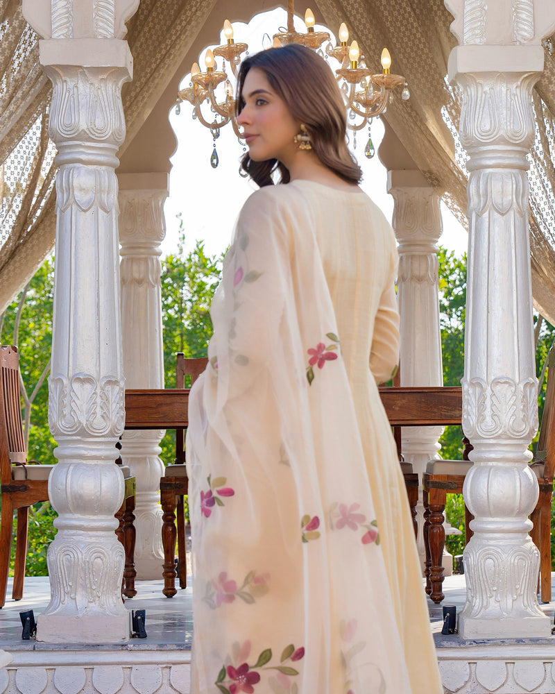 Beige Blossom Floral Mul Chanderi Festive Suit