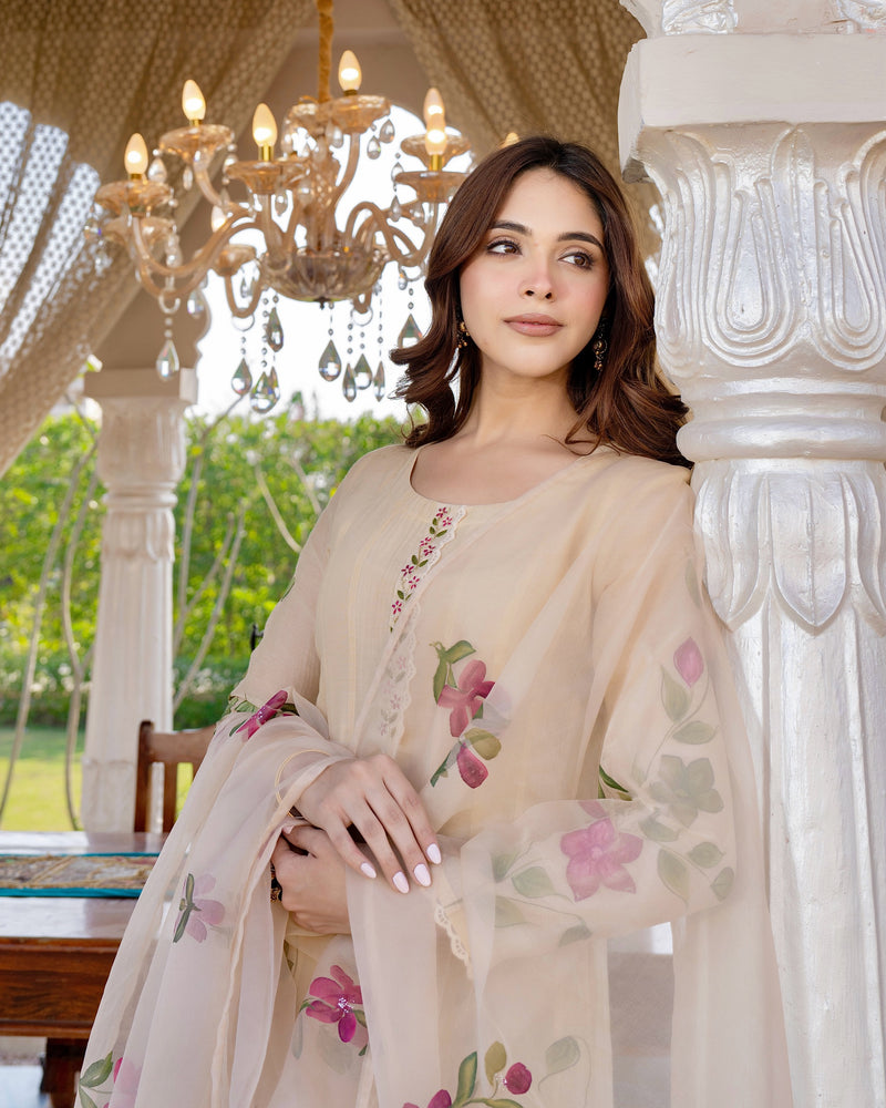 Beige Blossom Floral Mul Chanderi Festive Suit