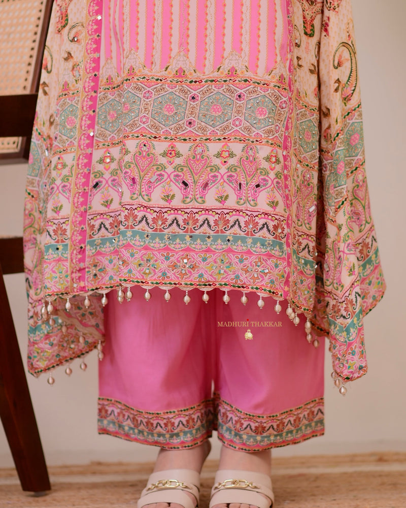 Baby Pink Crepe Handwork A Line Festive Suit
