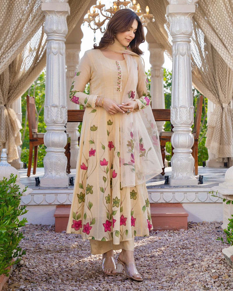 Beige Blossom Floral Mul Chanderi Festive Suit