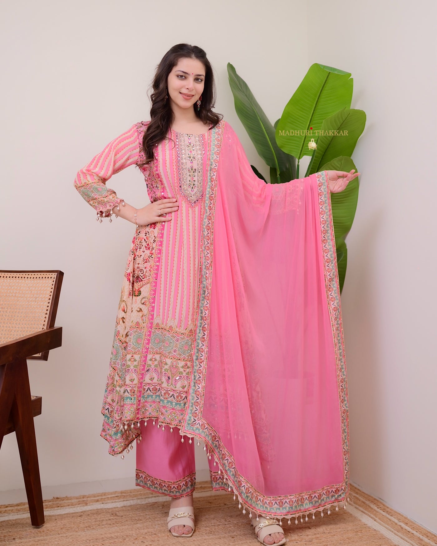 Baby Pink Crepe Handwork A Line Festive Suit