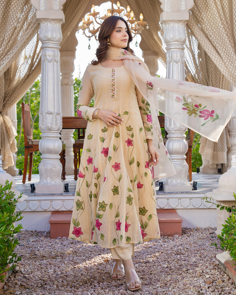 Beige Blossom Floral Mul Chanderi Festive Suit