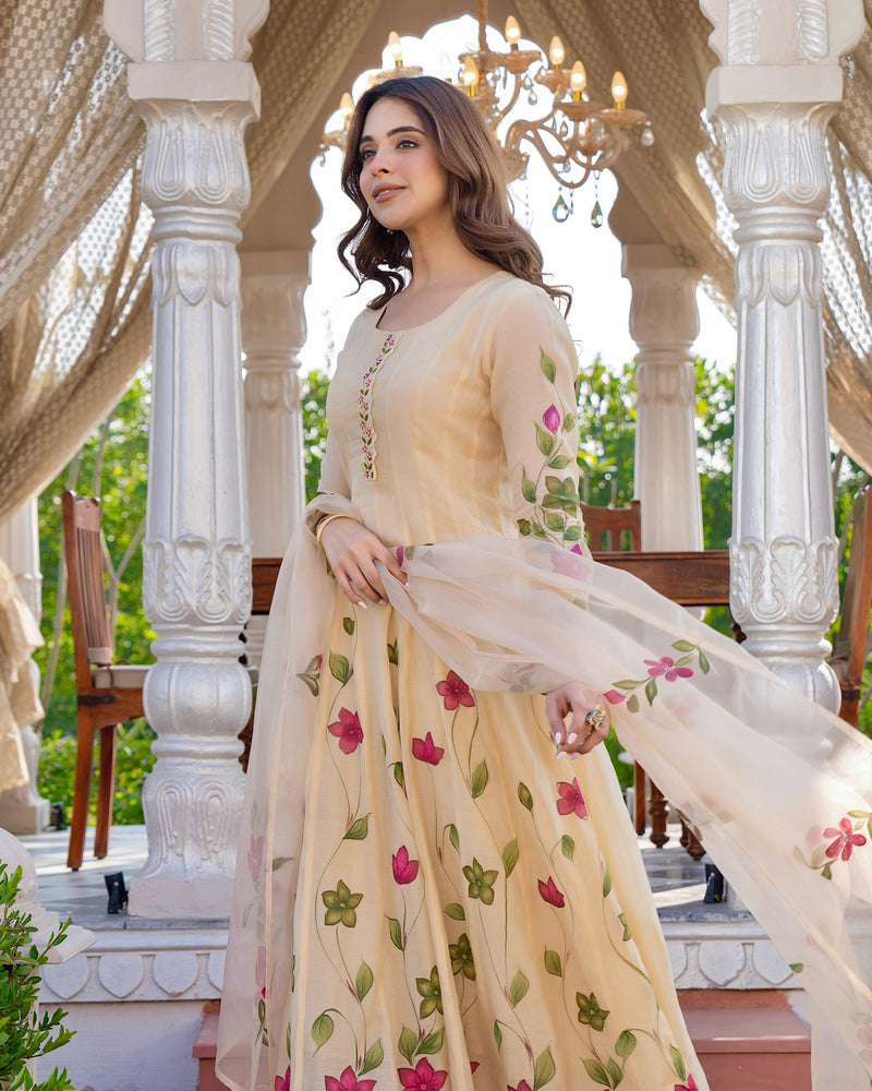 Beige Blossom Floral Mul Chanderi Festive Suit