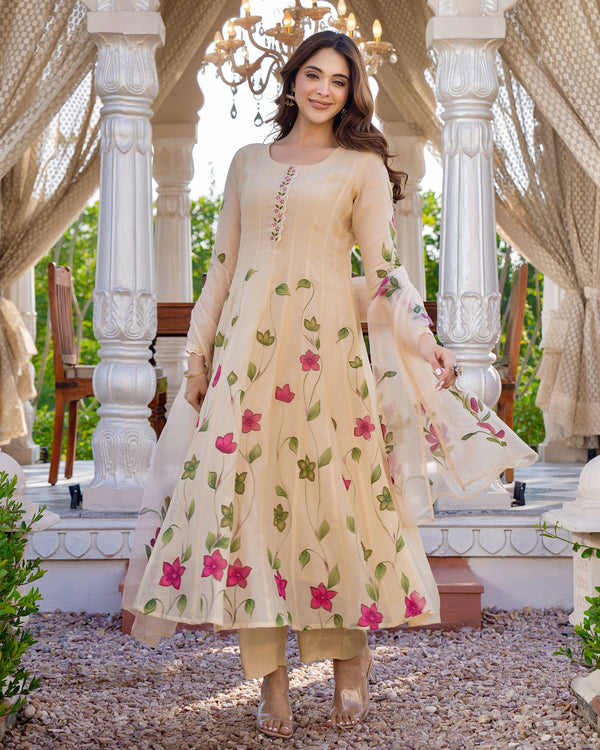 Beige Blossom Floral Mul Chanderi Festive Suit