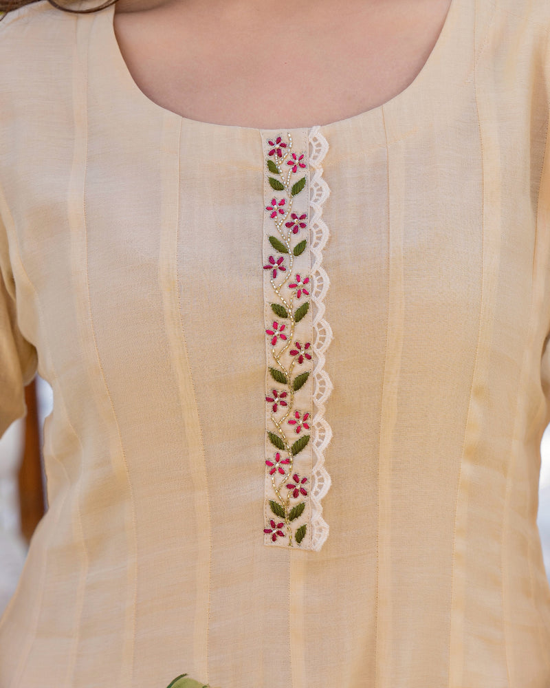 Beige Blossom Floral Mul Chanderi Festive Suit