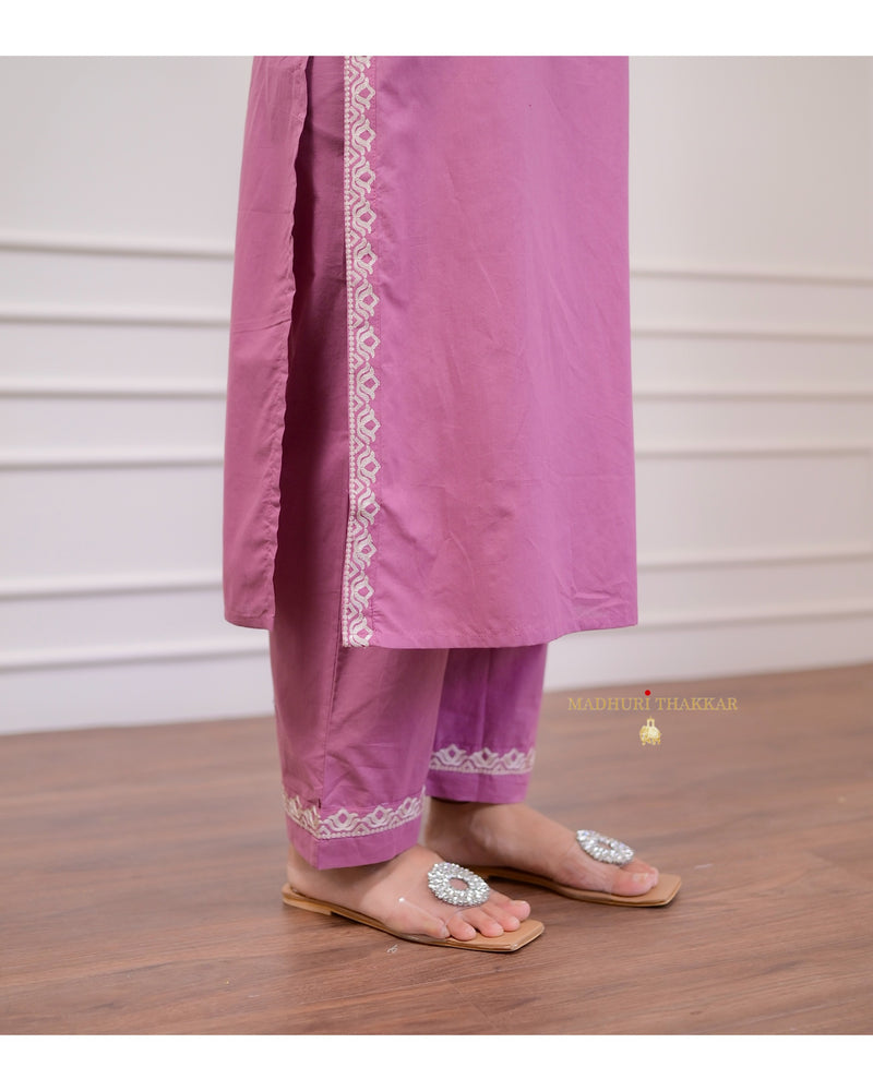 Lilac Threadwork Cotton Kurta Set