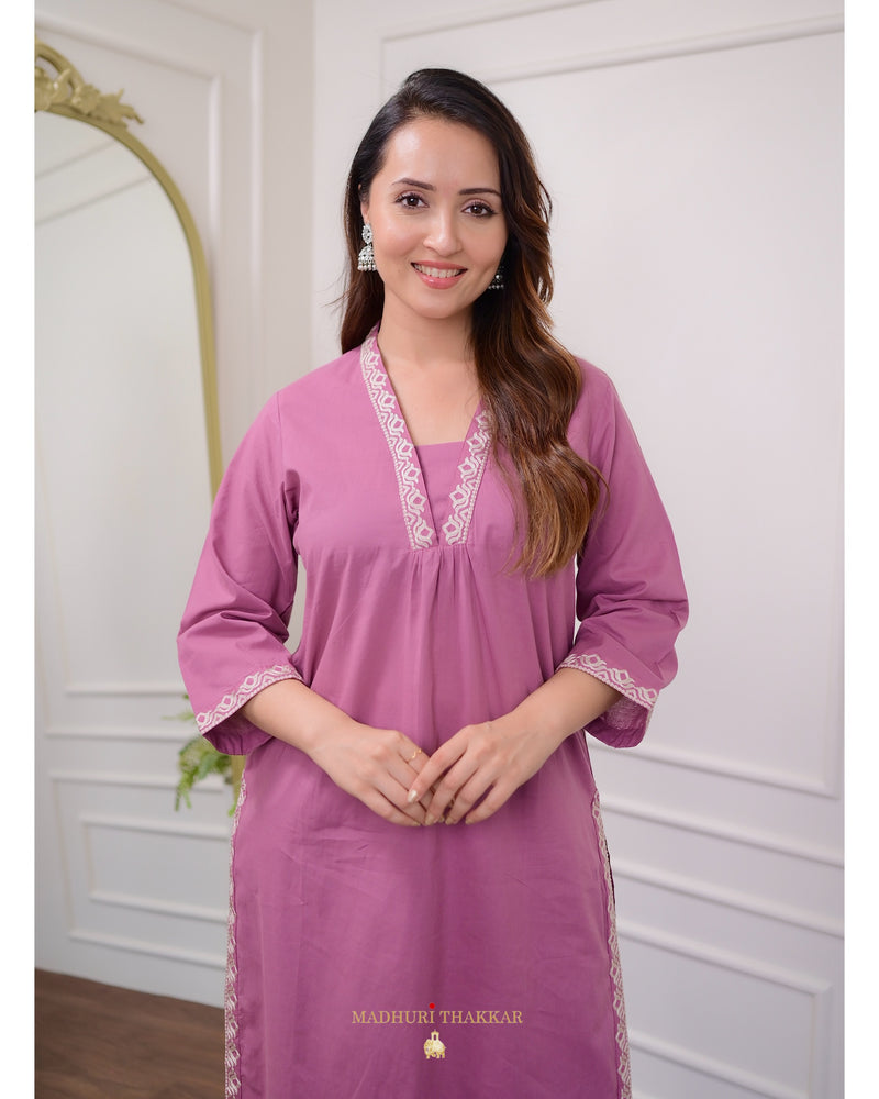 Lilac Threadwork Cotton Kurta Set