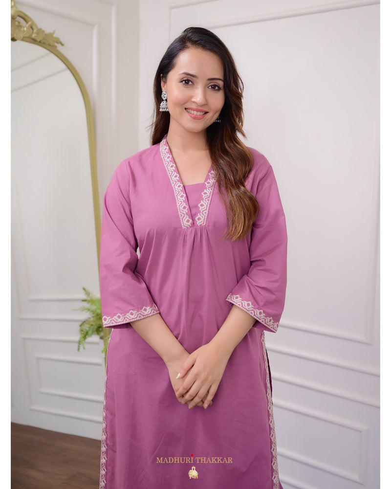 Lilac Threadwork Cotton Kurta Set