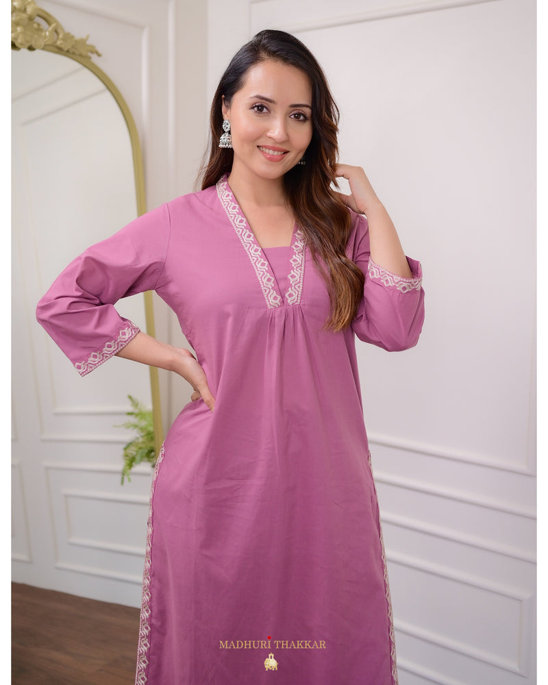 Lilac Threadwork Cotton Kurta Set