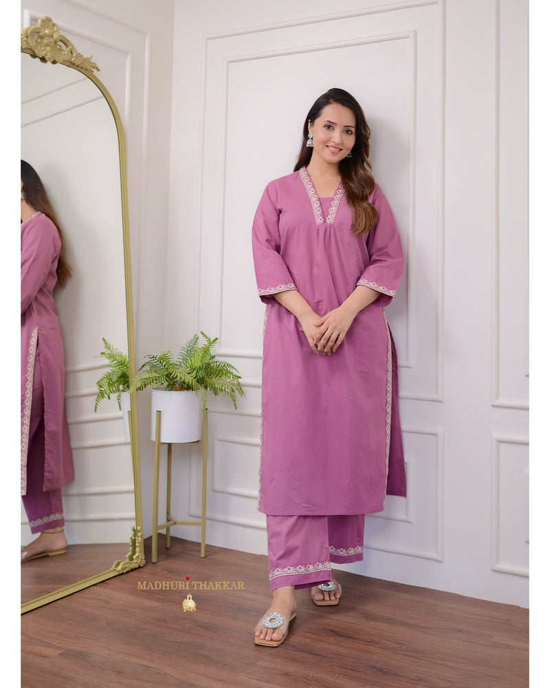 Lilac Threadwork Cotton Kurta Set