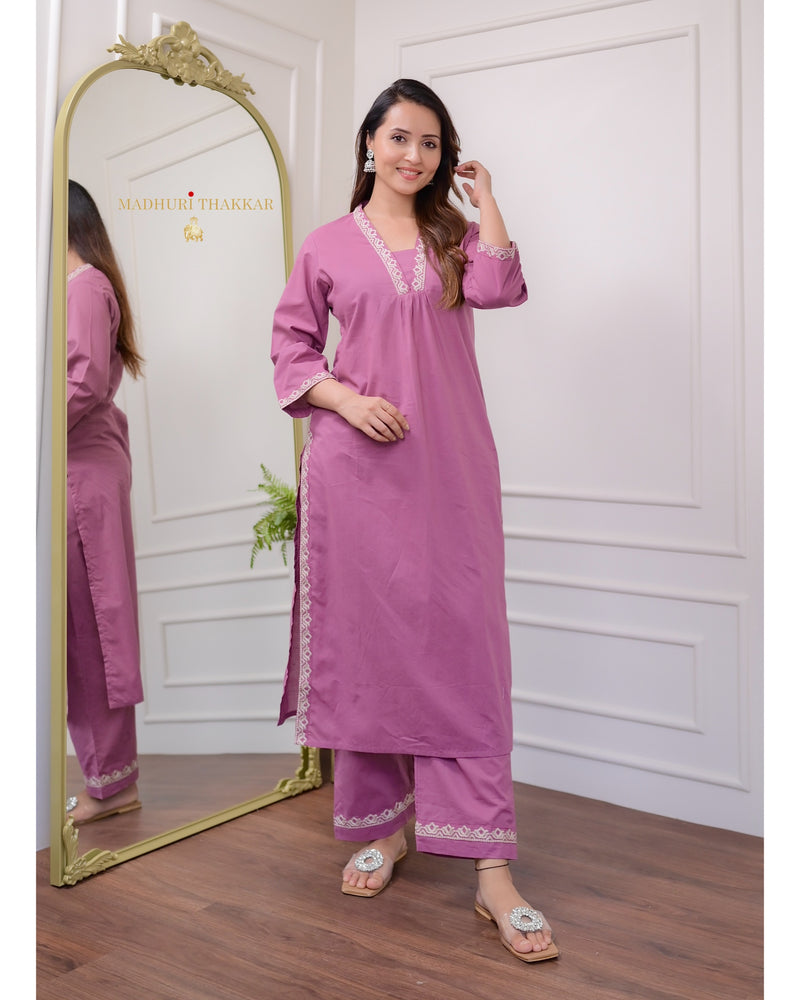 Lilac Threadwork Cotton Kurta Set