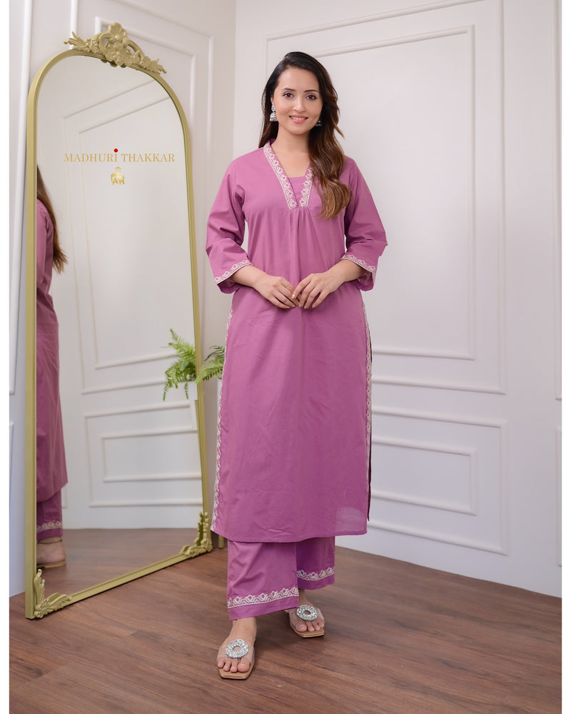 Lilac Threadwork Cotton Kurta Set