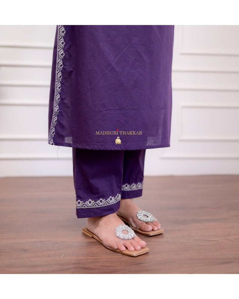 Purple Threadwork Cotton Kurta Set