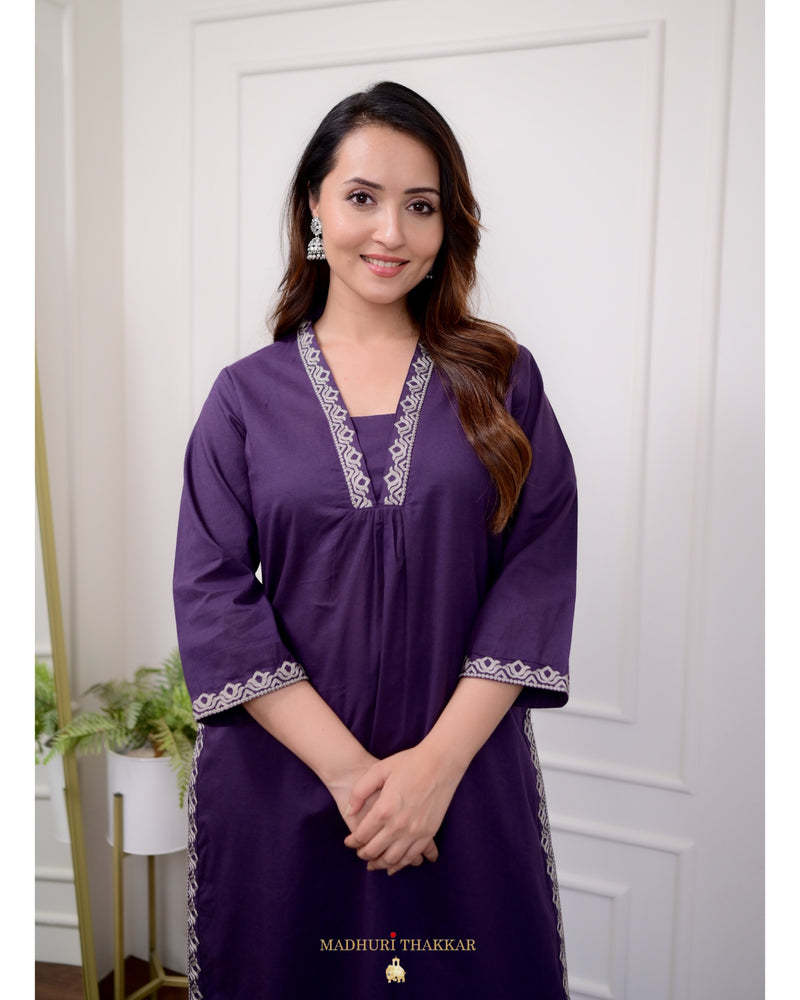 Purple Threadwork Cotton Kurta Set